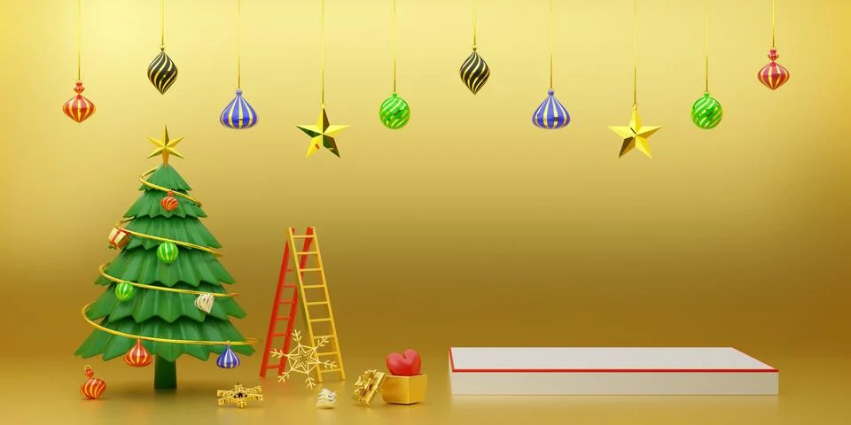 Podium empty and Christmas tree with gift box and ornaments in Gold composi.. Stock Illustration