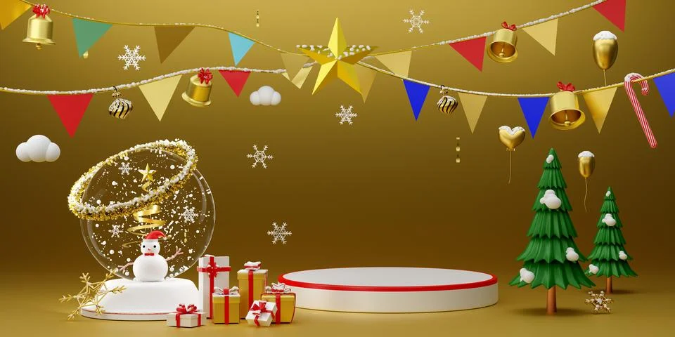 Podium Empty and Christmas tree with gift box and snow globe in Gold compos.. Stock Illustration