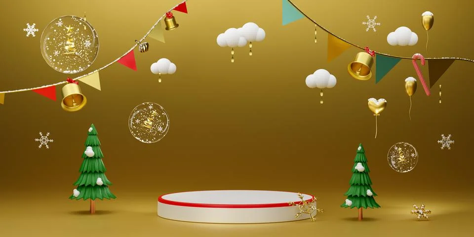 Podium Empty and Christmas tree with snow globe and ornaments in Gold compo.. Stock Illustration