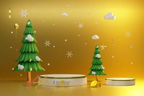Podium Empty and Christmas tree in Gold composition for modern stage displa.. イラスト素材