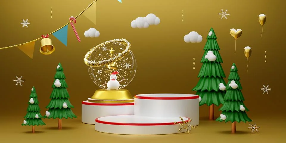 Podium Empty and Christmas tree with snow globe in Gold composition for mod.. Stock Illustration