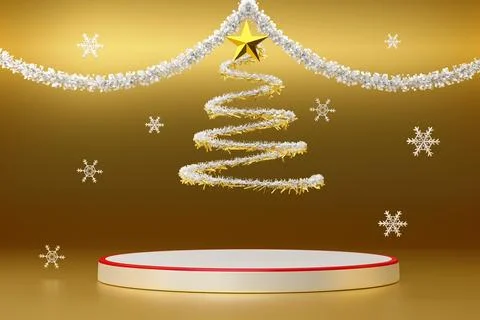Podium empty and Christmas tree with tinsel and ornaments in Gold compositi.. Stock Illustration