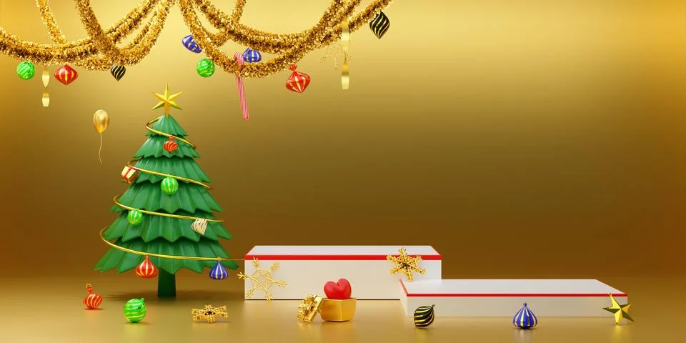 Podium empty and Christmas tree with tinsel and ornaments in Gold compositi.. Stock Illustration