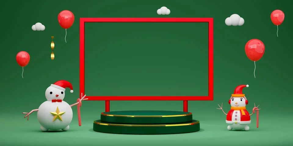 Podium Empty and snowman with frame and geometric shapes in green compositi.. Stock Illustration