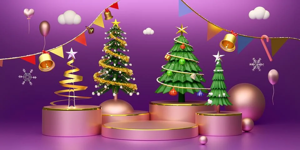 Podium empty with Chrismas tree and ornaments in purple or violet compositi.. Stock Illustration