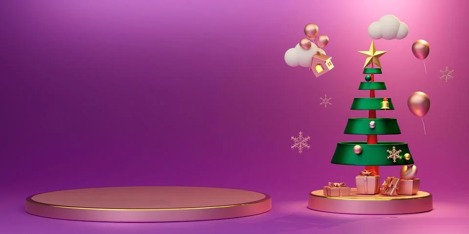 Podium empty with Christmas tree and ornaments in purple or violet composit.. Stock Illustration