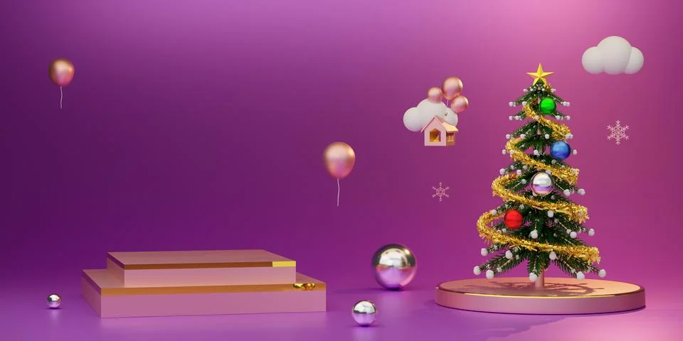 Podium empty with Christmas tree and ornaments in purple or violet composit.. Stock Illustration