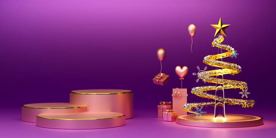 Podium empty with Christmas tree and ornaments in purple or violet composit.. Stock Illustration