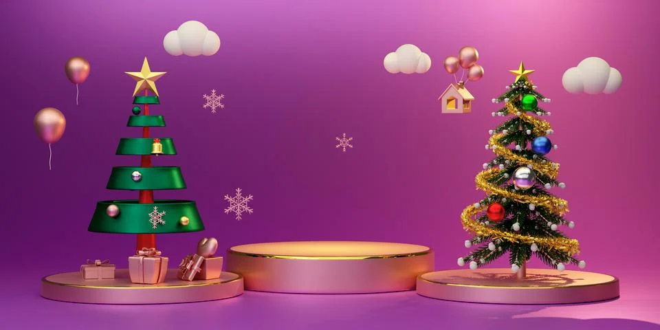 Podium empty with Christmas tree and ornaments in purple or violet composit.. Stock-Illustration