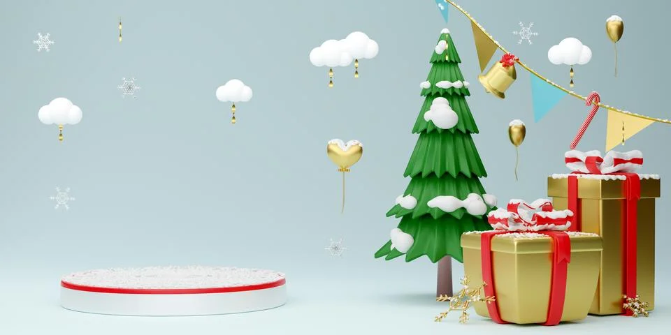 Podium empty with Christmas tree with gift box in sky blue pastel compositi.. Stock Illustration