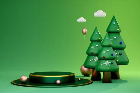 Podium empty with Christmas tree in green composition for website or poster.. Stock-Illustration
