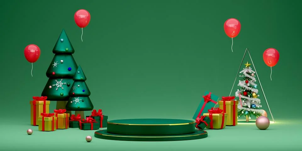 Podium empty with Christmas tree in green composition for website or poster.. Stock-Illustration