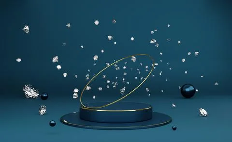Podium empty with diamond and geometric shapes in blue composition for mode.. Illustrazione stock