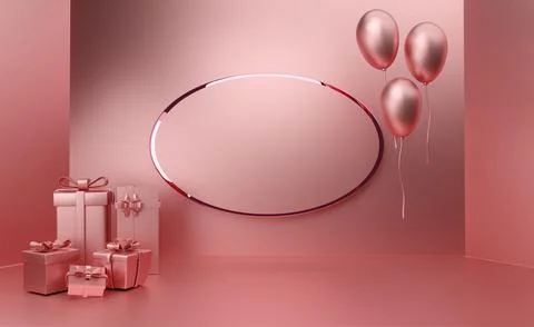 Podium empty with geometric shapes and gift box in pink pastel composition .. Stock Illustration