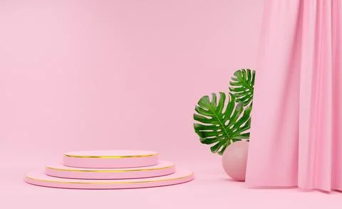 Podium empty with geometric shapes and curtain in pink pastel composition f.. Illustrazione stock