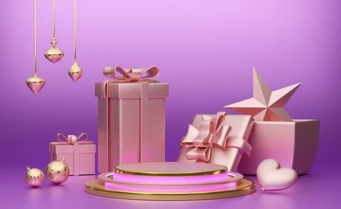 Podium empty with geometric shapes in purple or violet composition for mode.. Stock Illustration