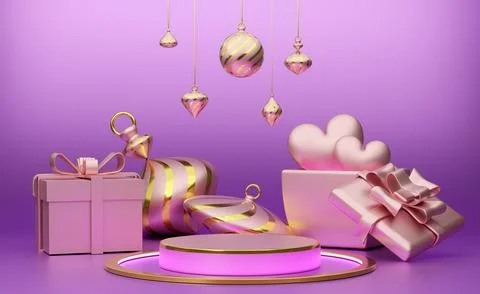 Podium empty with geometric shapes in purple or violet composition for mode.. Illustrazione stock