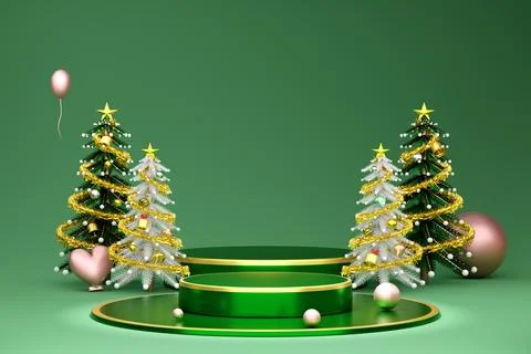 Podium empty with Glass ball and Christmas tree in green composition for we.. Stock Illustration