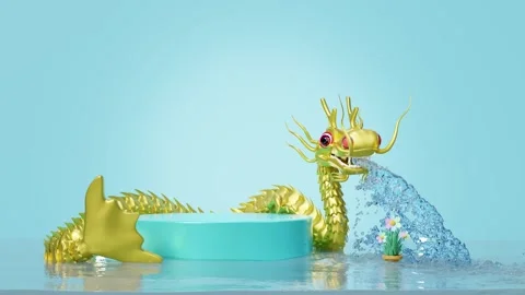 Podium empty with golden dragon spraying water, flower pot isolated on blue.. Stock Footage 277015568