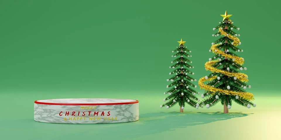 Podium empty with green Chrismas tree in green pastel composition for websi.. Stock Illustration