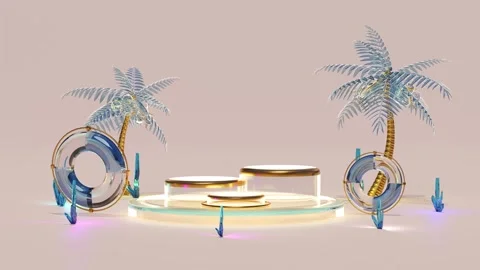 Podium empty with quartz stone crystals, coconut tree, lifebuoy in pink com.. Video stock 263798460