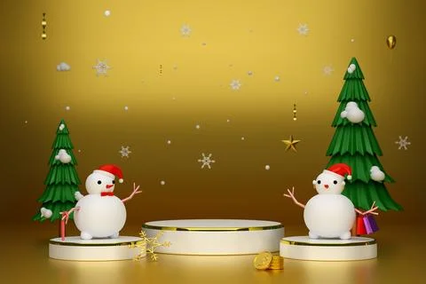 Podium Empty with Snow man and Christmas tree in Gold composition for moder.. Stock Illustration