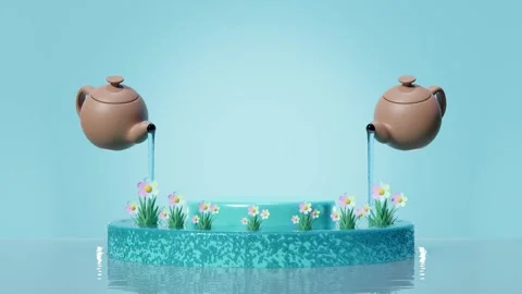 Podium empty with teapot, flower pot isolated on blue background. cosmetic .. Stock Footage 277015567