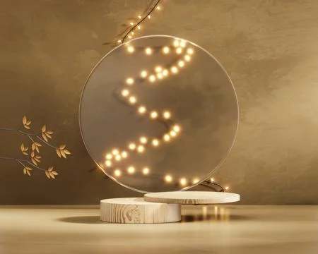 Podium with fairy light string on wall background 3d rendering Stock Illustration