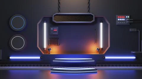 Podium Futuristic Sci fi 3D Rendering Alien blue Neon Glass Modern Empty cybe Stock Illustration