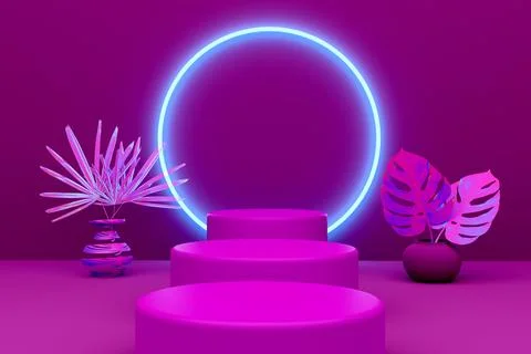 Podium with geometric shapes empty in purple or violet composition for mode.. Illustrazione stock