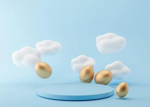 Podium with golden Easter eggs and white clouds on blue background. Modern Illustrazione stock