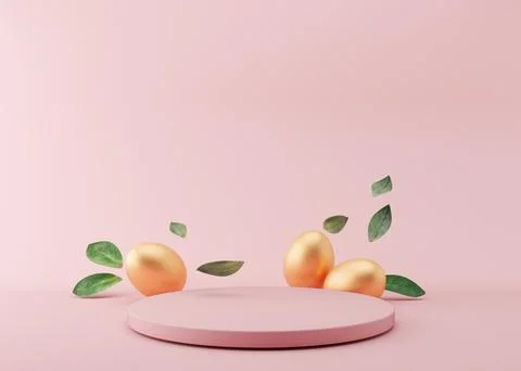 Podium with golden Easter eggs and green leaves on pink background. Modern .. Иллюстрация