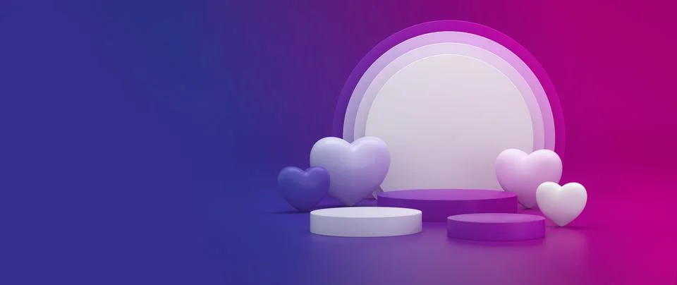 Podium with hearts around on gradient studio background. Empty podium platfor Ilustração Stock