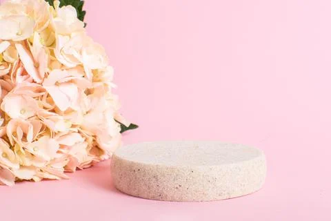 A podium made of stone with hydrangea for the presentation of products and co Foto stock