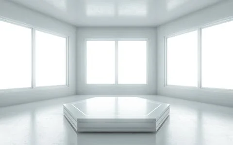 Podium in the middle of the empty room with window for presentation. 3d illus Stock Photos
