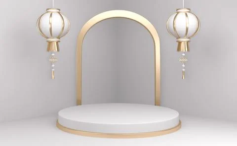 Podium minimal geometric white background and floor golden abstract.3D render Stock Illustration