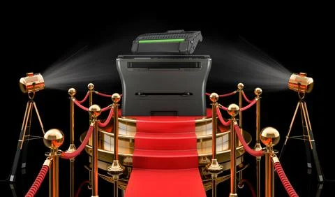 Podium with multifunction printer MFP, 3D rendering Stock Illustration