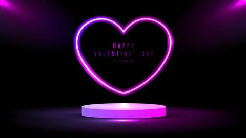 Podium or stand with line gradient neon light heart shape frames design on .. Illustrazione stock