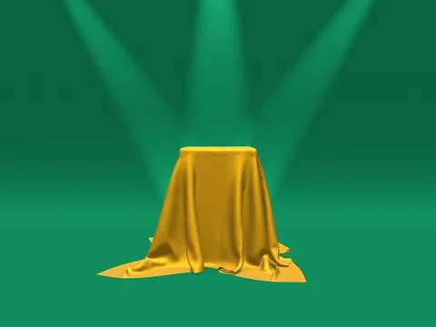 Podium, pedestal or platform covered with gold cloth illuminated by spotlig.. Stock Illustration