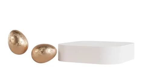 A podium is placed on a clear background with two golden eggs beside it. Th.. Stock Photos
