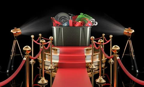 Podium with plastic box full of car tools, equipment and accessories. 3D re.. Ilustração Stock