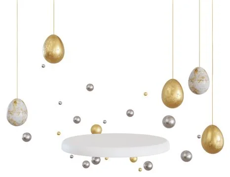 A podium is present with hanging eggs in gold and white colors. Decorative .. Stock Illustration