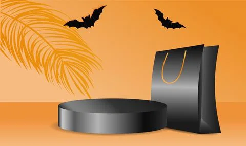 Podium for the presentation of goods on an orange studio background, with a gift Stock Illustration