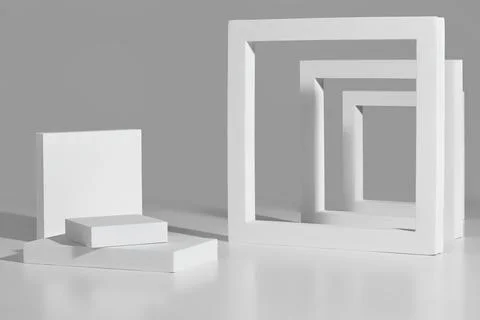 Podium for product presentation of square platforms and frames on gray Stock-Illustration