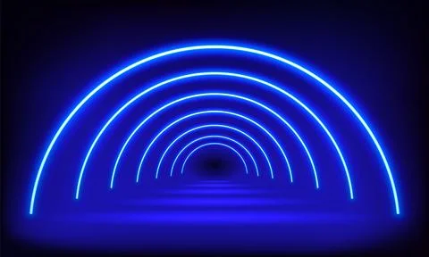 Podium, road, pedestal, platform in form circle with neon luminous rays on bl Stock Illustration