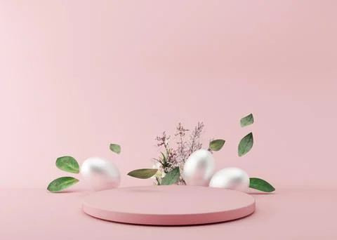Podium with silver Easter eggs, green leaves and flowers on pink background Illustrazione stock