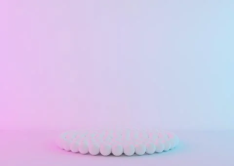 Podium with small balls on white background with neon lights. Modern podium f Stock Photos
