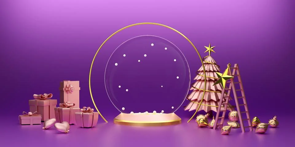 Podium with snow globe and tree and ornaments in purple or violet compositi.. Stock Illustration