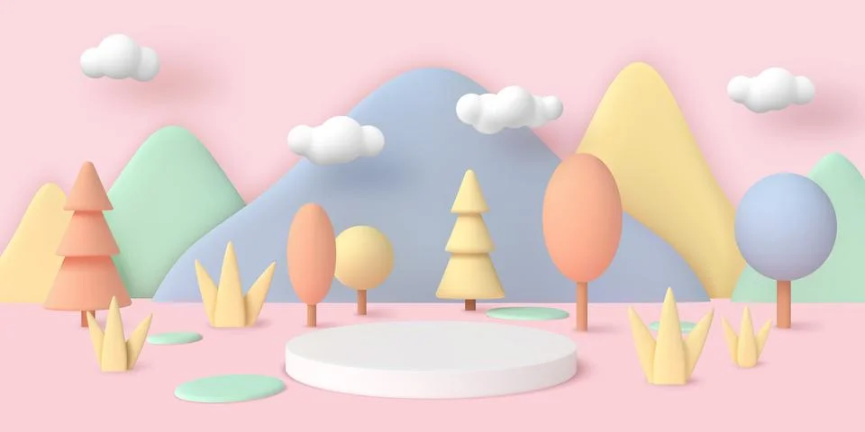 Podium in trees. 3d spring scene with product pedestal, pastel floral geometric Stock Illustration