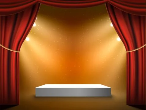 Podium vector stage background. Red curtains show light award podium with Stock Illustration